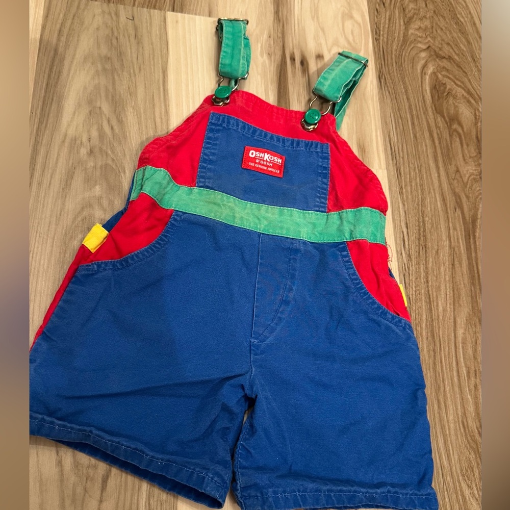 OshKosh B'gosh Colorblock Blue, Red & Green Kids Short Overalls 1980s 1990s
